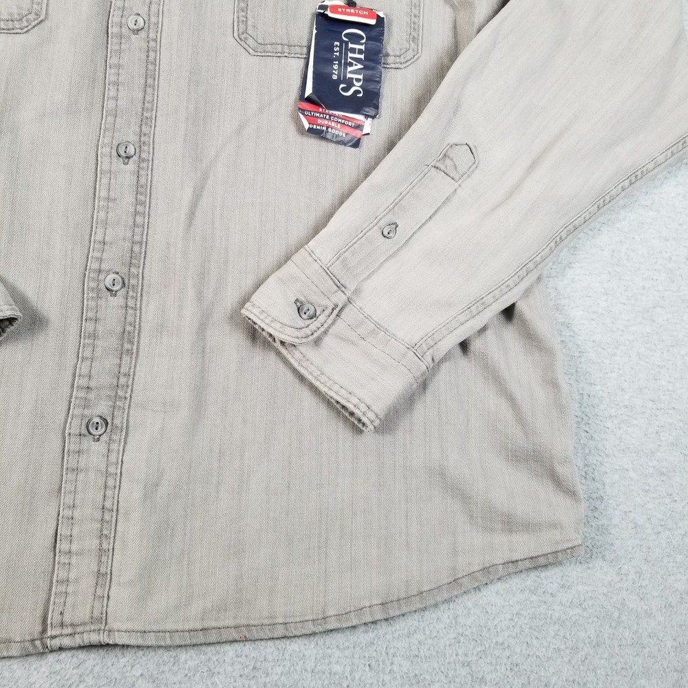 NEW Chaps Button Up Shirt Mens XXL 2XL Gray Stretch Denim Long Sleeves Casual - Picture 3 of 11